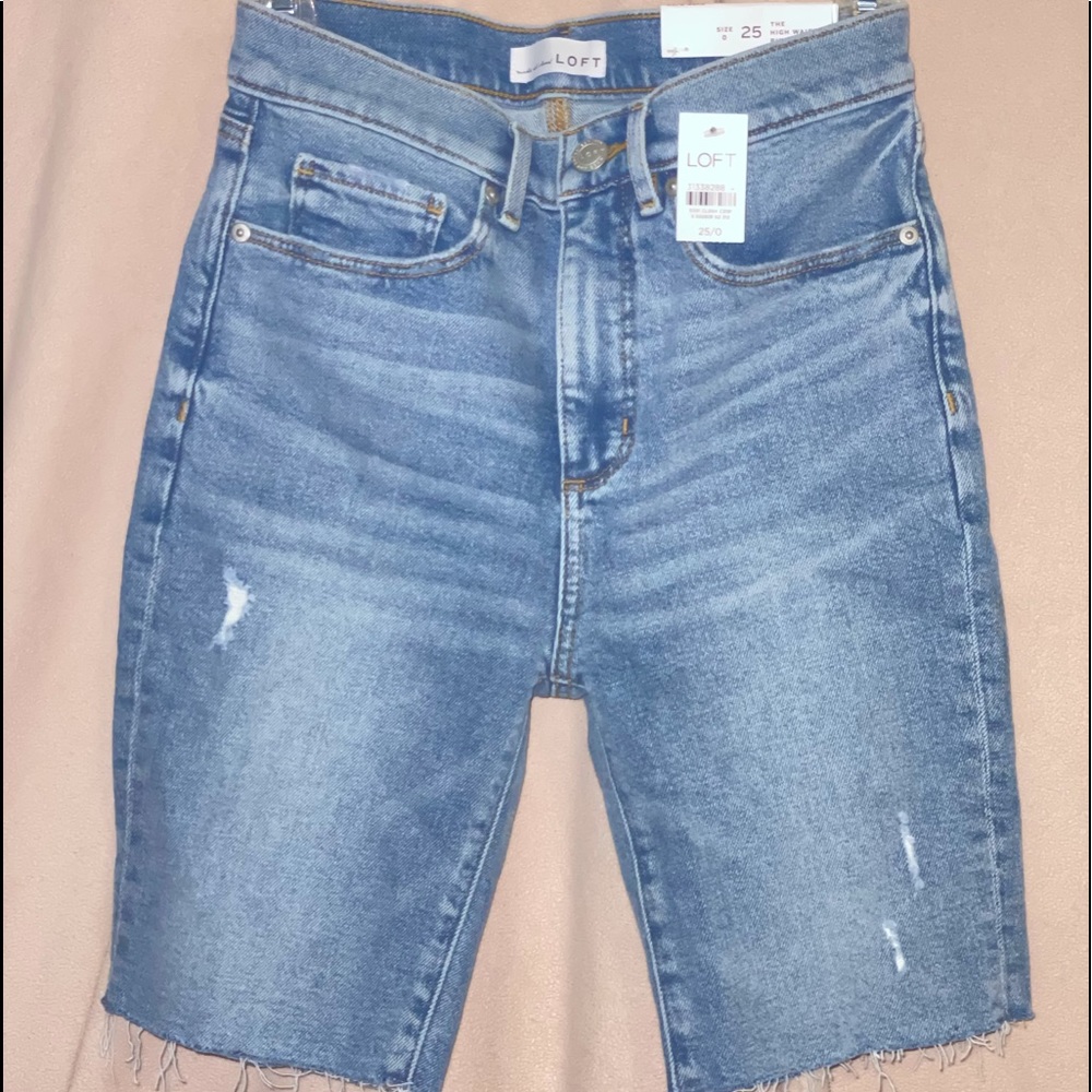 loft light wash; distressed biker shorts